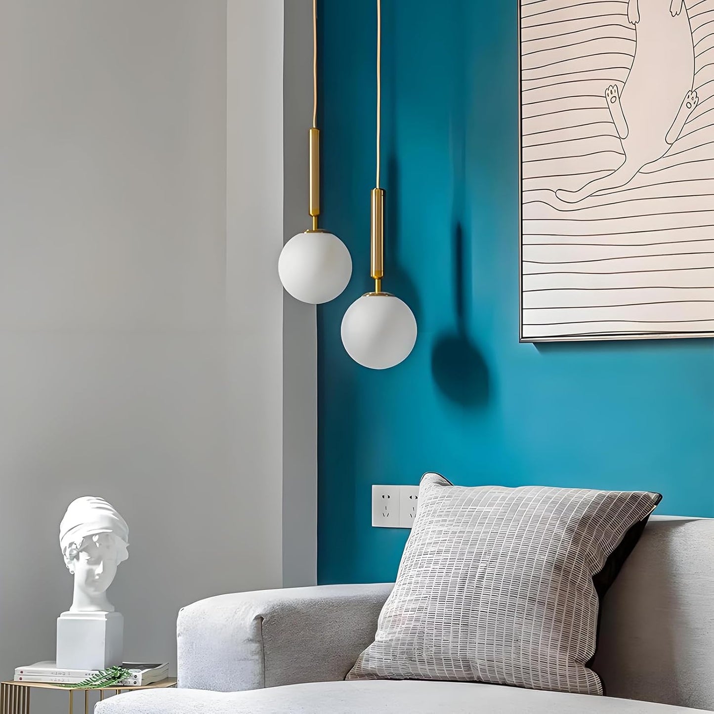 Linear Hanging Lamp with White Globe