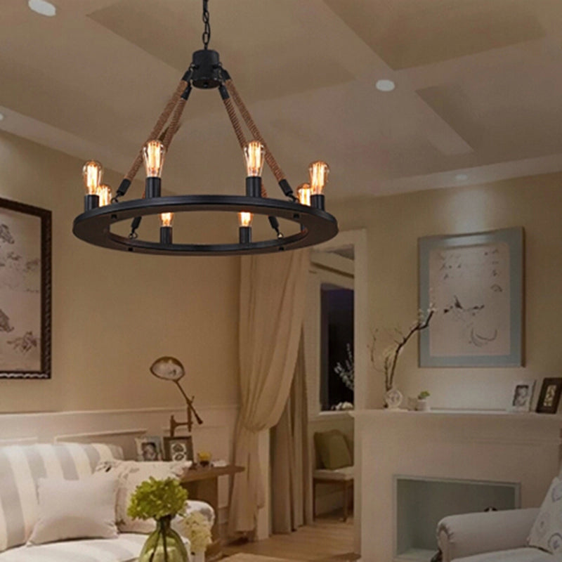 Rustic Industrial Hemp Rope Chandelier with Iron Frame