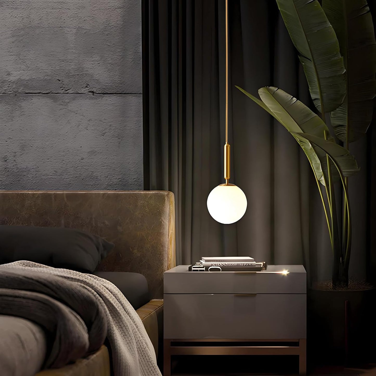 Linear Hanging Lamp with White Globe